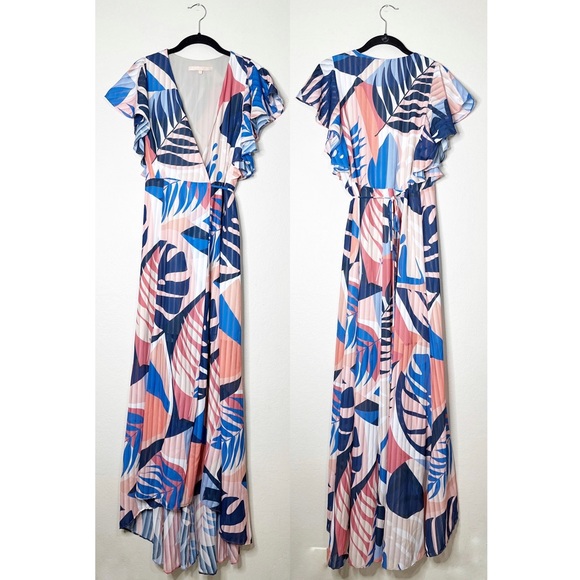 Hutch Dresses & Skirts - HUTCH pink and blue tropical leaf print Talia wrap maxi dress M